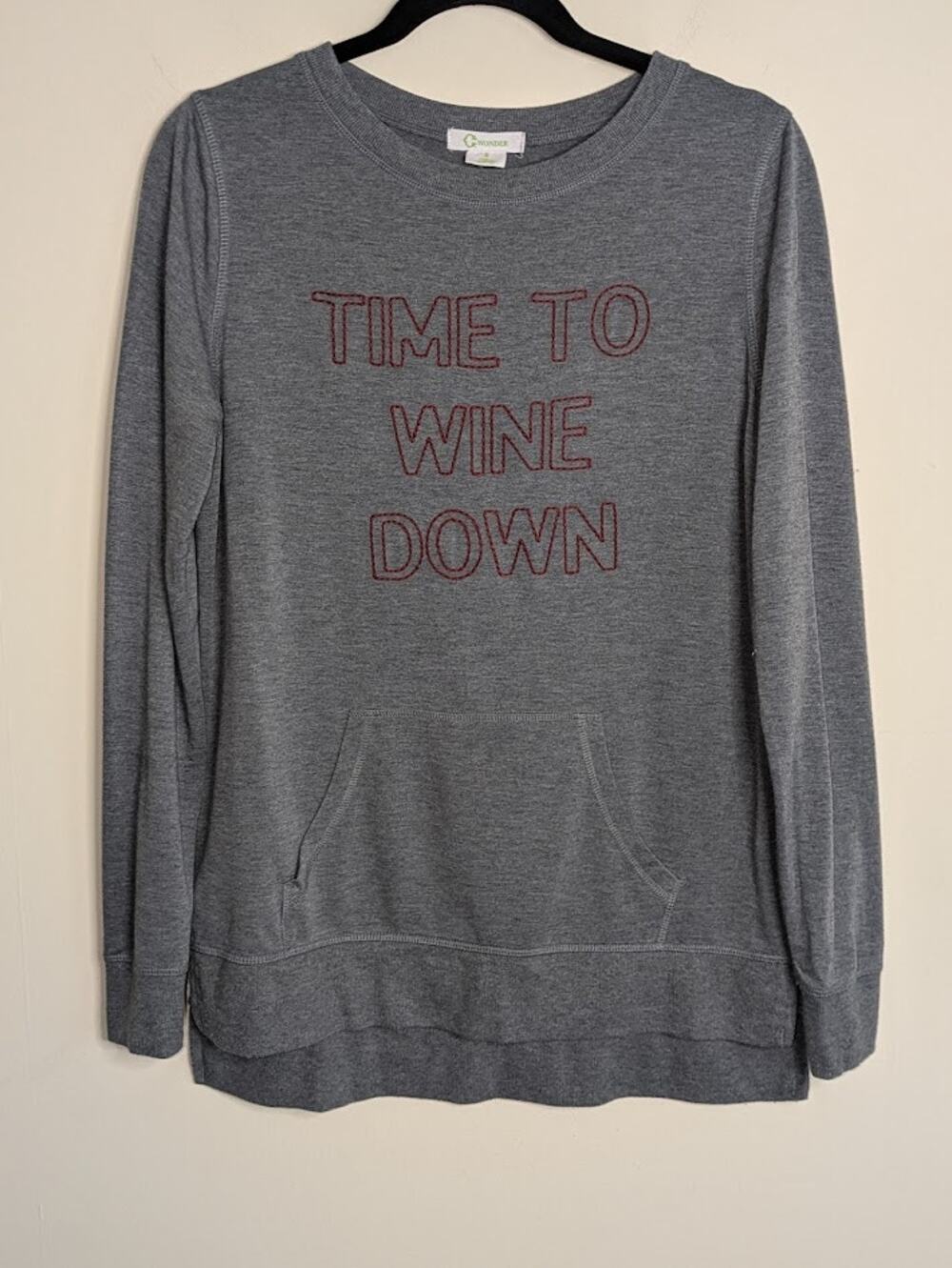 C. Wonder Womens Sz Small Time to Wine Down Embroidered Grey Pullover Sweatshirt
